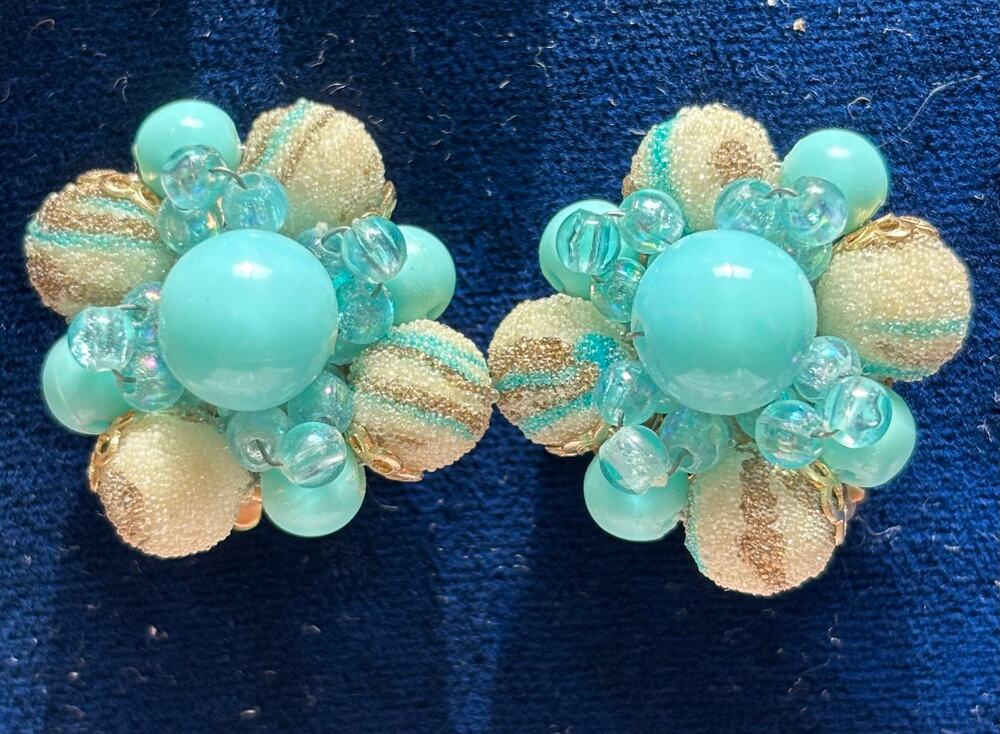 Vintage Earrings Hong Kong Aqua White Gold Sugared Beads Clip On MCM